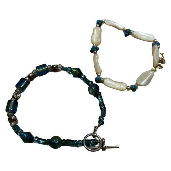 Vintage 60s Southwest Style Plastic Beaded Bracelets In Green/faux Turquoise - Picture 1 of 5